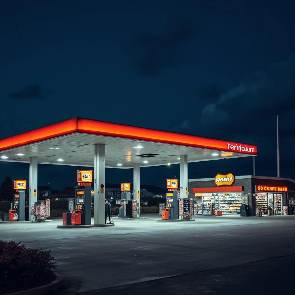 Moderna estación de servicio iluminada de noche