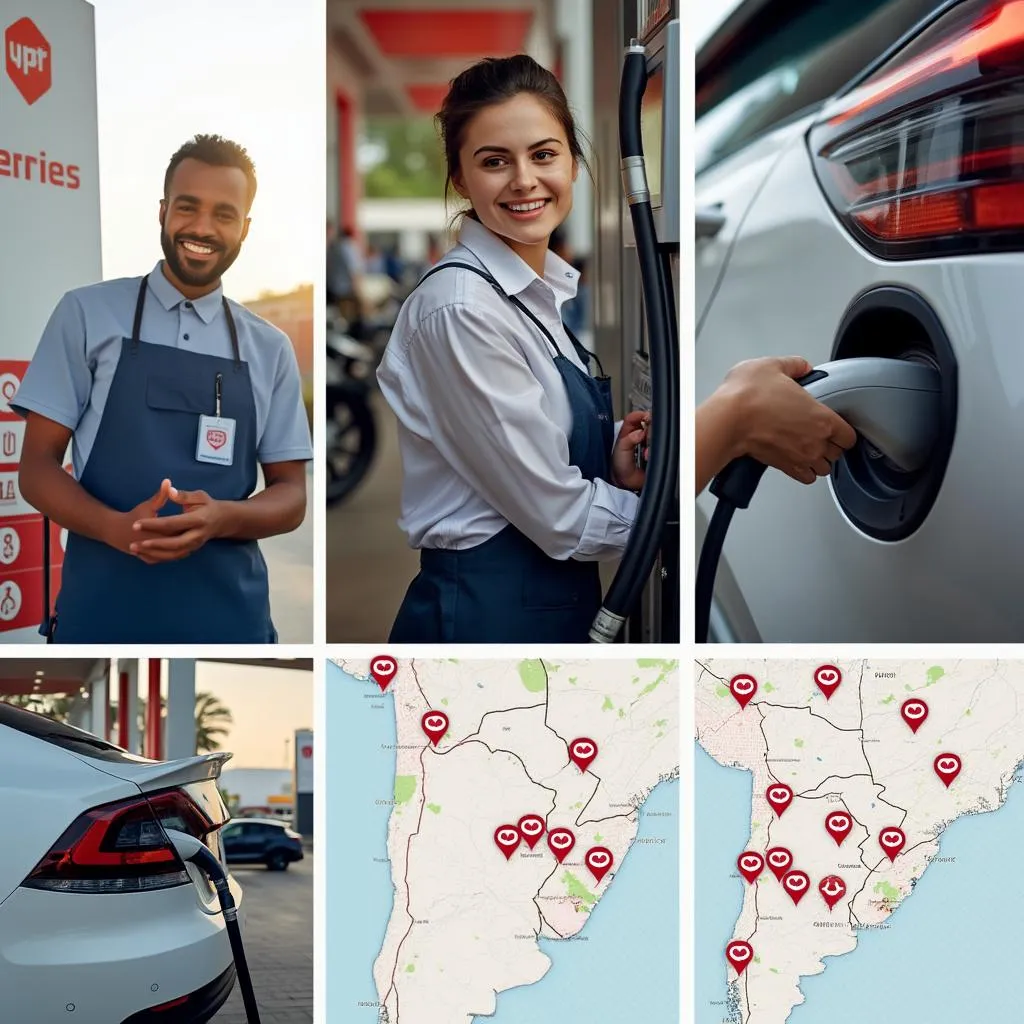 Collage de imágenes de estaciones de servicio modernas y personal trabajando